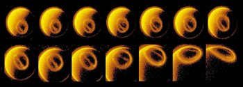 Een sequentie van opnamen door de DE1 die de groei van de aurora laat zien. De beeldjes zijn ongeveer 12 minuten na elkaar genomen (Foto University of Iowa).