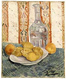 Citroenen op een bord en een karaf, Vincent van Gogh (46,5 x 38,5 cm; 1887)