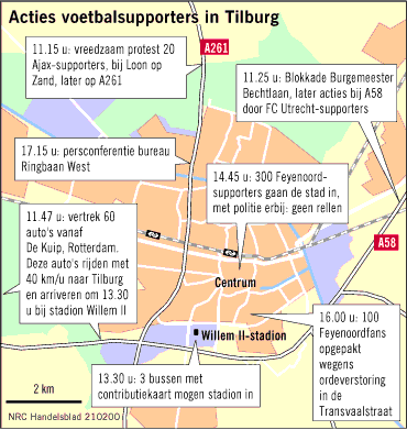Kaart: actie voetbalsupporters in Tilburg