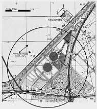 Ontwerp van de zeppelinhaven in Lelystad, met twee masten voor rigide luchtschepen (de gesloten cirkels geven de landingszones aan) en ruimte voor blimps (frameloze zeppelins